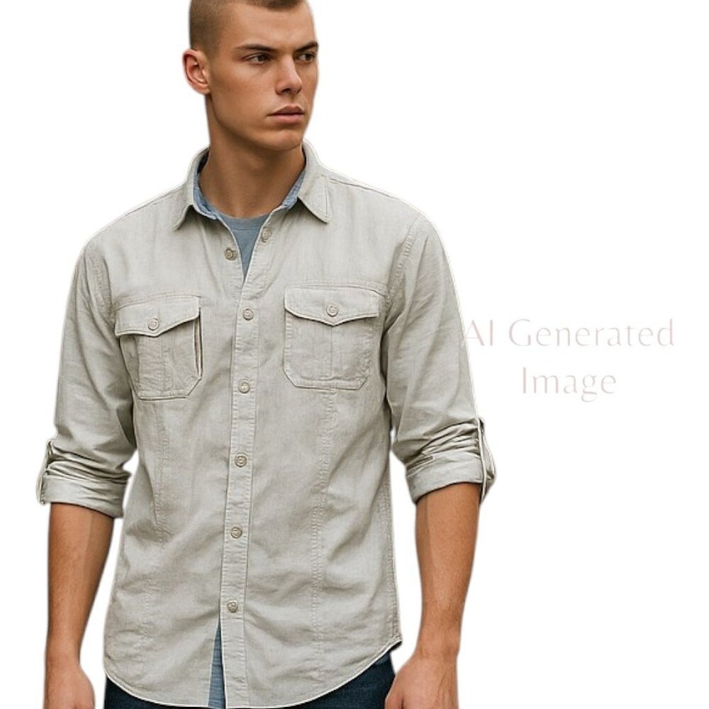 INC International Concept Macys Gray Roll Tab Sleeve Shoulder Tab Shirt Sz L NEW